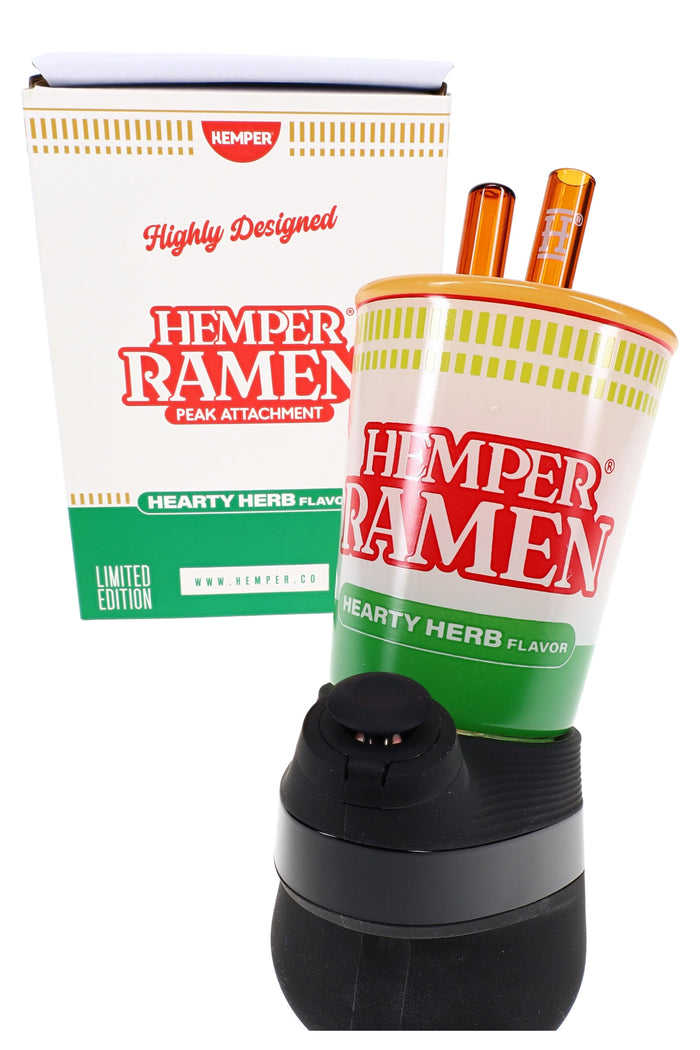 Hemper “Ramen” Peak attachment with retail box, cup design and twin amber straw mouthpieces on top