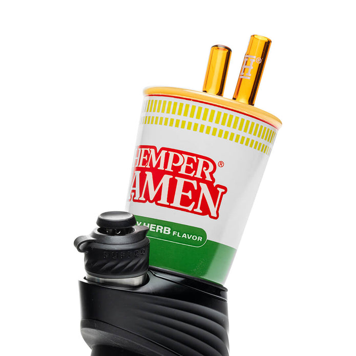 Hemper ramen Peak glass top shown installed on device, angled view emphasizing ramen bowl styling and mouthpiece height