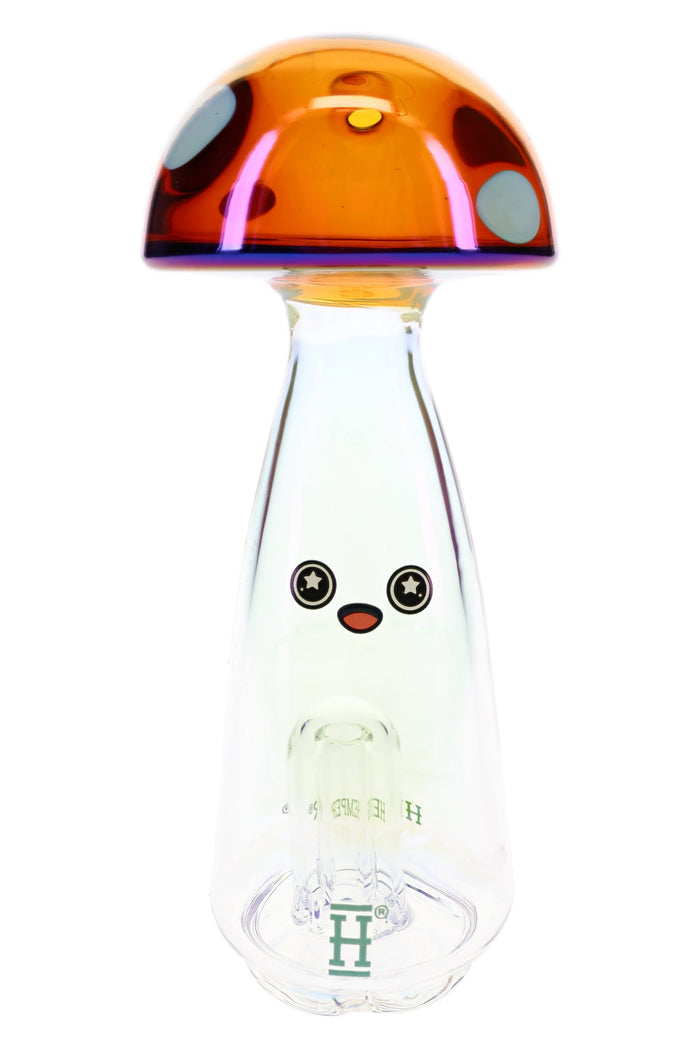 Hemper Trippy Shroom Peak top and retail box, amber mushroom cap with white spots and iridescent glass chamber