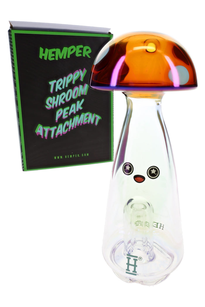 Front view Trippy Shroom Puffco Peak top with iridescent body, amber cap, white spots, and trippy face graphic