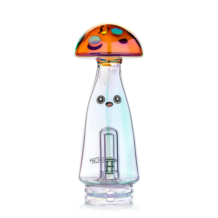 Studio shot of Trippy Shroom Peak top only showing iridescent body, face decal, and amber mushroom cap silhouette