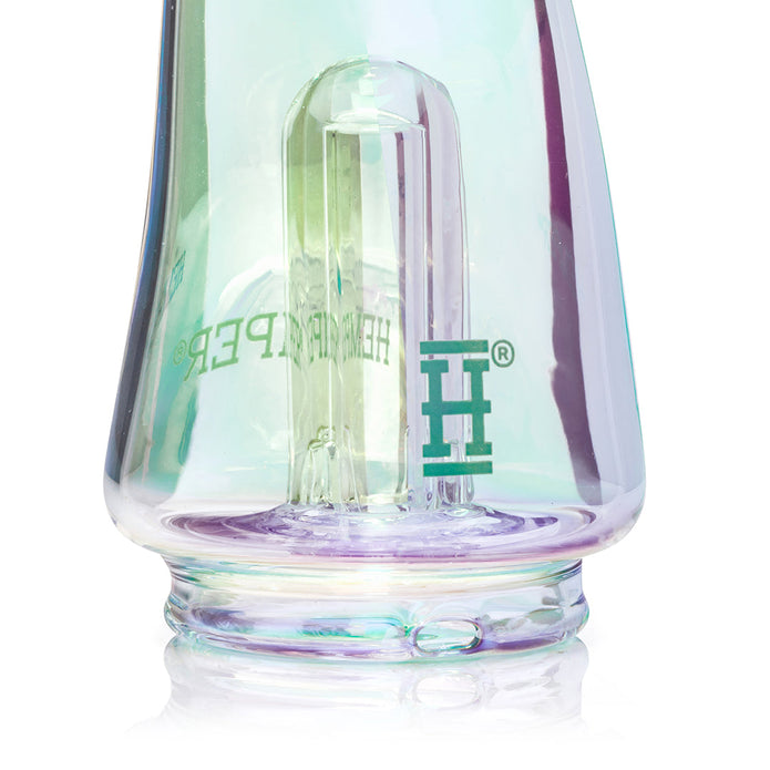 Close-up of lower chamber on Trippy Shroom Peak top showing green Hemper “H” logo decal on iridescent glass
