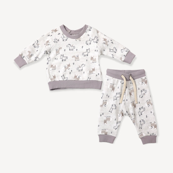 Horse & Bird Fleece Baby Sweatshirt & Jogger Set (Organic Cotton)