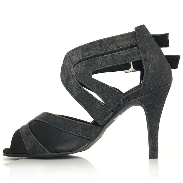 Black denim Latin dance shoes with street sole.