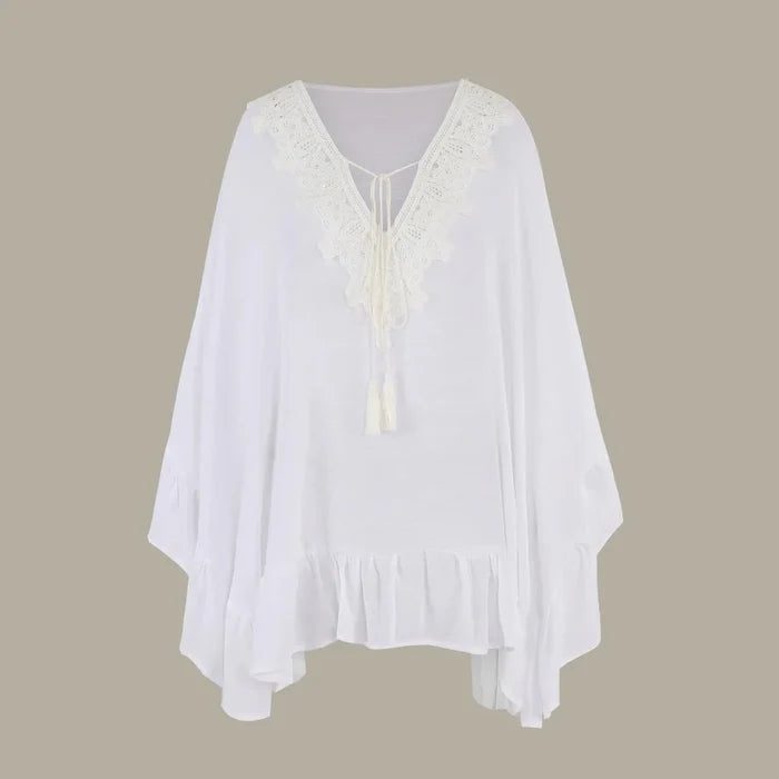 Mandotos International 2024 lace bikini cover-up blouse with V-neck, solid color, high-quality fabric, designed for girls.