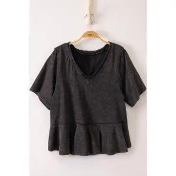 Lace Trim Detail Mineral Washed V-Neck Knit Top-Black