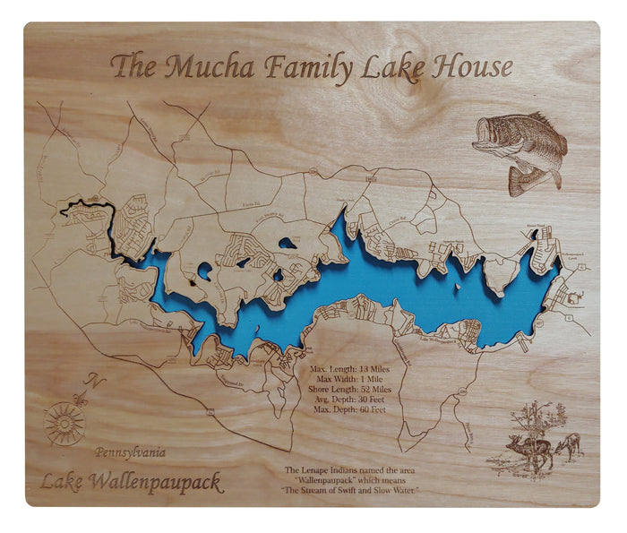 Lake Wallenpaupack, Pennsylvania - laser cut wood map
