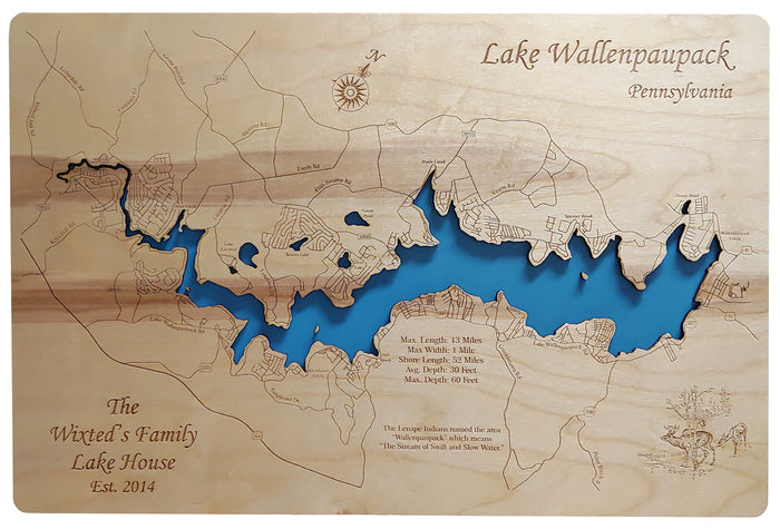 Lake Wallenpaupack, Pennsylvania - laser cut wood map