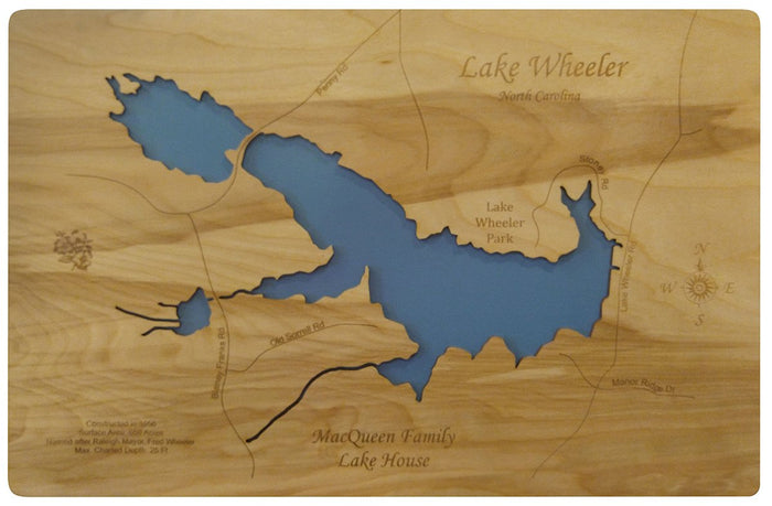 Lake Wheeler, North Carolina - laser cut wood map