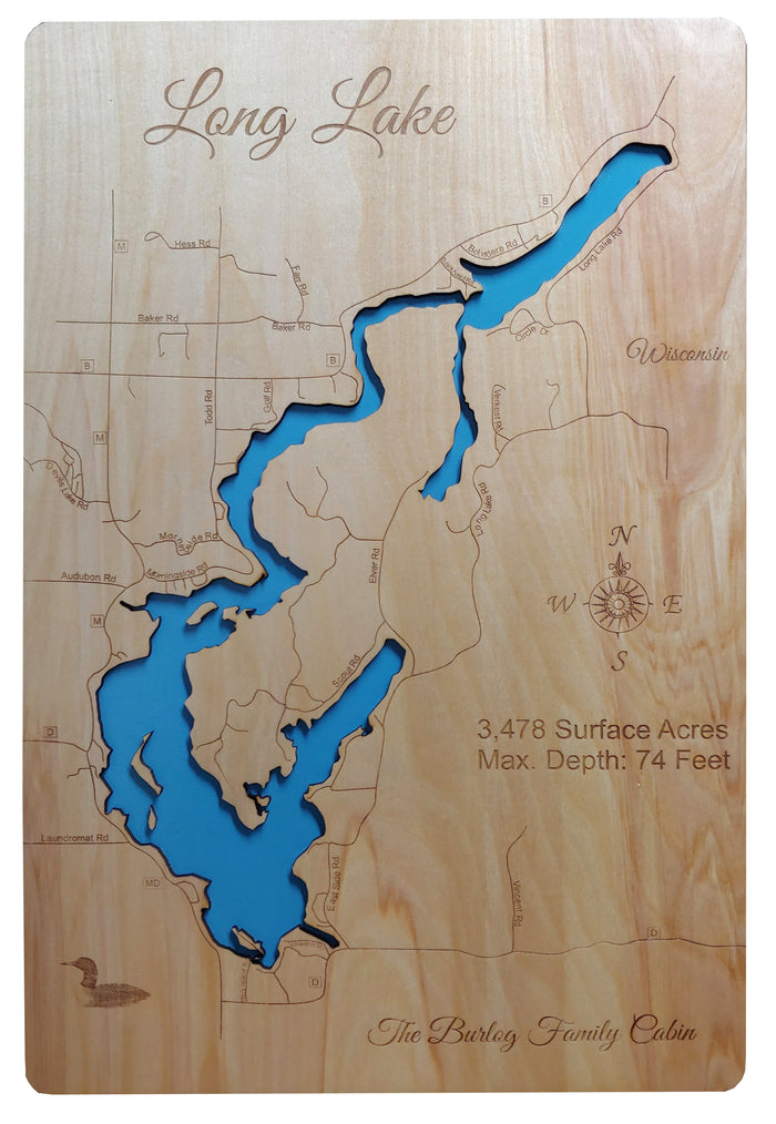 Long Lake, Wisconsin - Washburn County - Laser Cut Wood Map