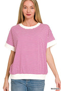 Magenta Stripe Contrast Trim Rib Banded Top - Posh West Boutique
