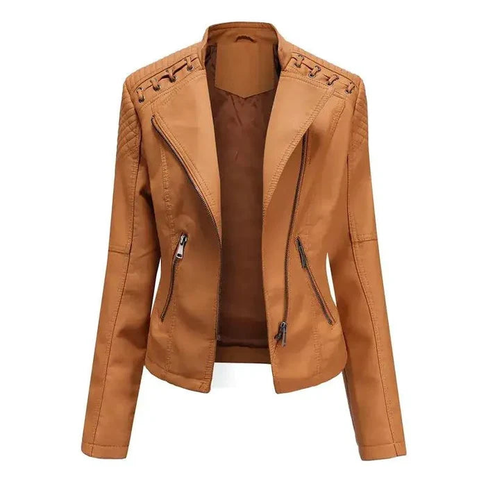 Mandotos chic feminine black leather coat with zipper pockets and biker style details, stylish outerwear for women.