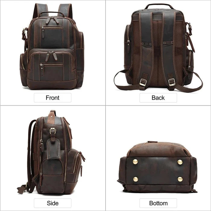 Men's vintage leather backpack by MANDOTOS INTERNATIONAL, designed for school and travel, featuring durable leather and classic style.
