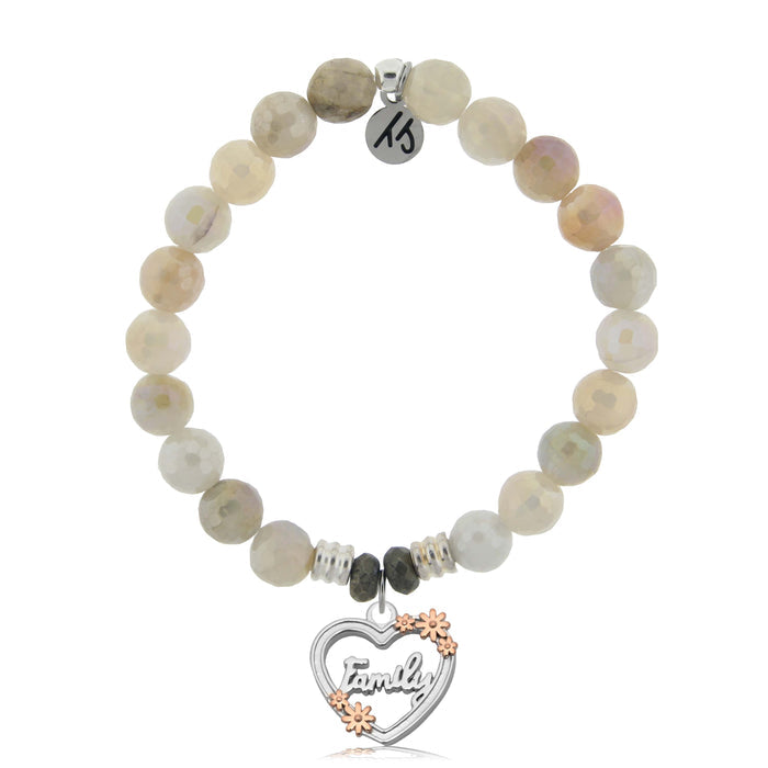 Moonstone Gemstone Bracelet with Heart Family Sterling Silver Charm