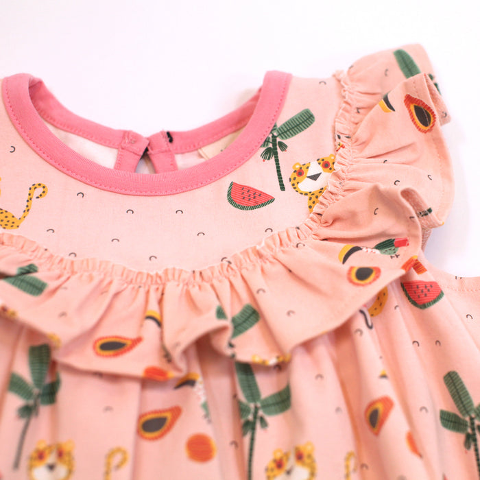 Organic Cotton Sleeveless Ruffle Medallion Baby Dress with Bloomer Set - Tropical Jungle