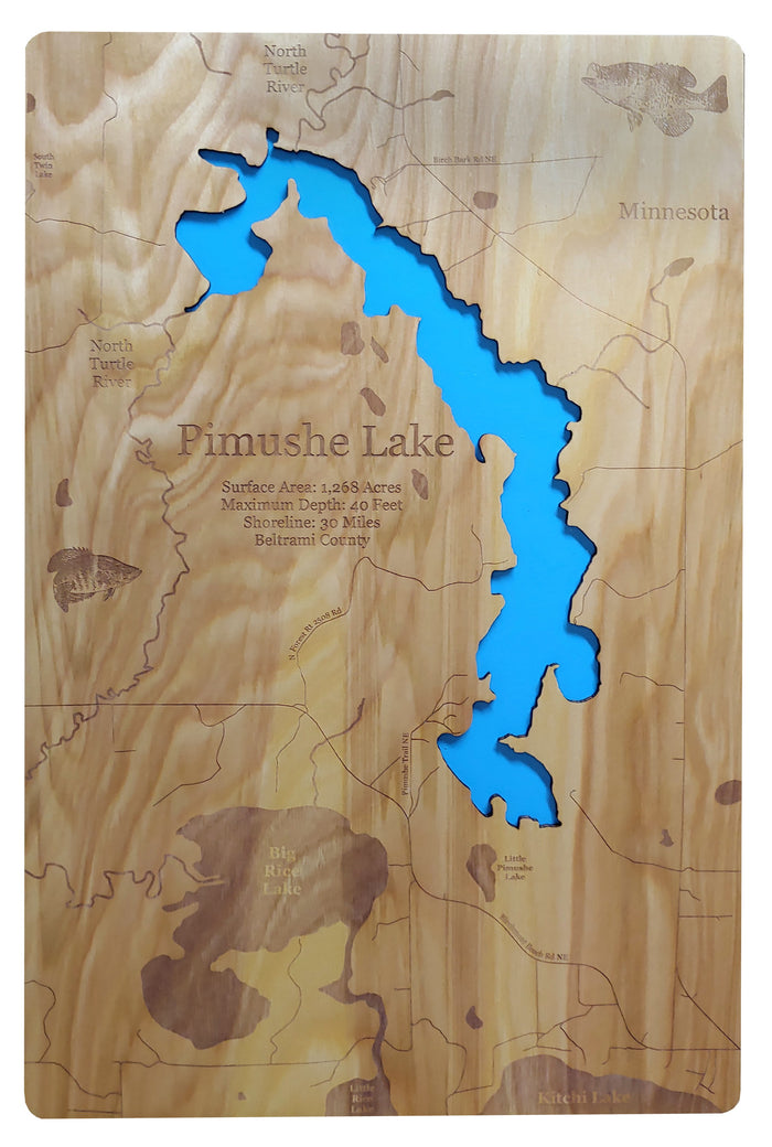 Pimushe Lake, Minnesota - laser cut wood map