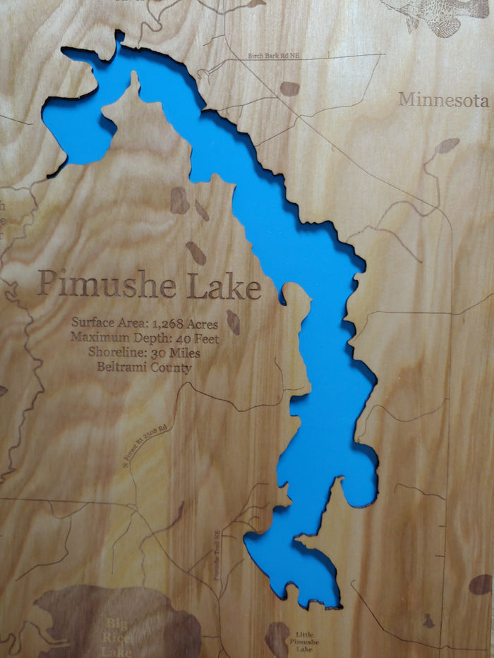Pimushe Lake, Minnesota - laser cut wood map