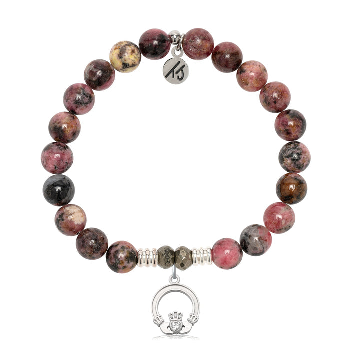 Pink Rhodonite Gemstone Bracelet with Claddagh Sterling Silver Charm
