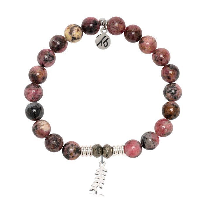 Pink Rhodonite Gemstone Bracelet with Olive Branch Sterling Silver Charm