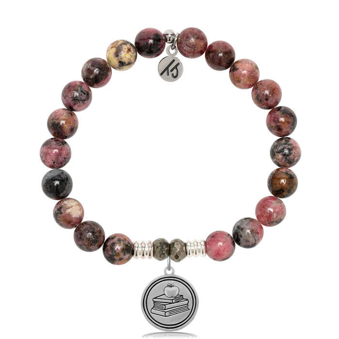 Pink Rhodonite Gemstone Bracelet with Teacher Sterling Silver Charm
