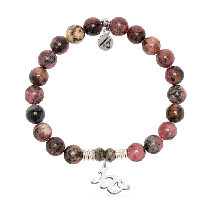 Pink Rhodonite Gemstone Bracelet with XO Sterling Silver Charm