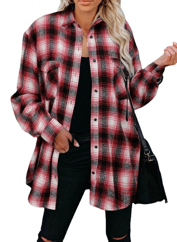 Ancient Energy women's plaid spring blouse with turndown collar, mid-length loose fit, perfect for casual spring wear.