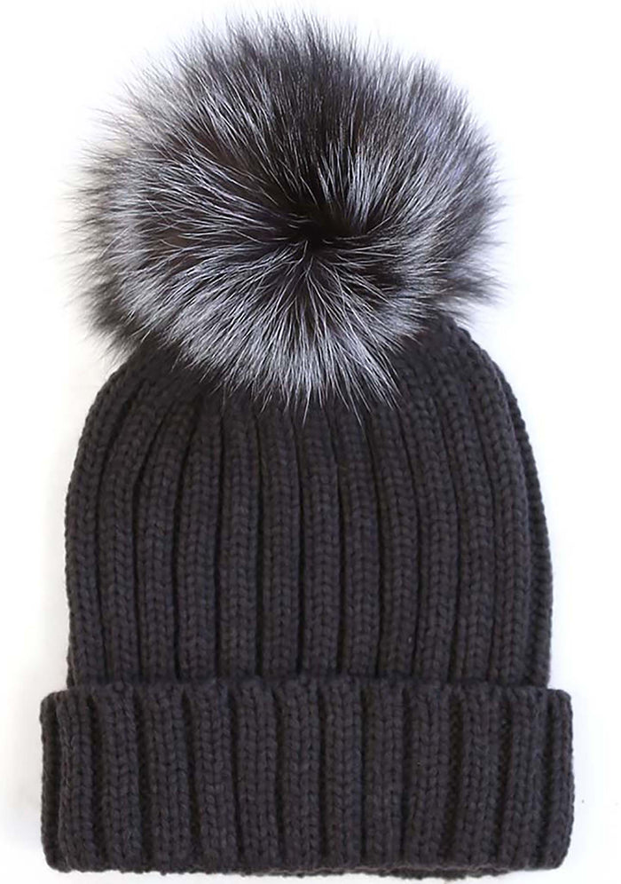 7 LUXE Pom Knit Beanie in Black