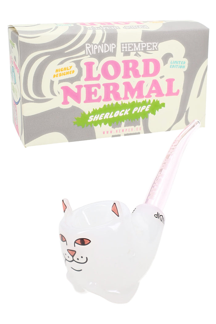 RIPNDIP x Hemper Lord Nermal glass hand pipe with box, white cat body and pink curved mouthpiece on display