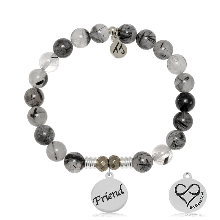 Rutilated Quartz Gemstone Bracelet with Friend Sterling Silver Charm