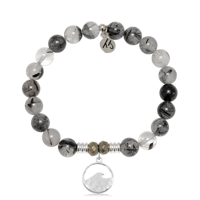 Rutilated Quartz Gemstone Bracelet with Hammered Waves Sterling Silver Charm