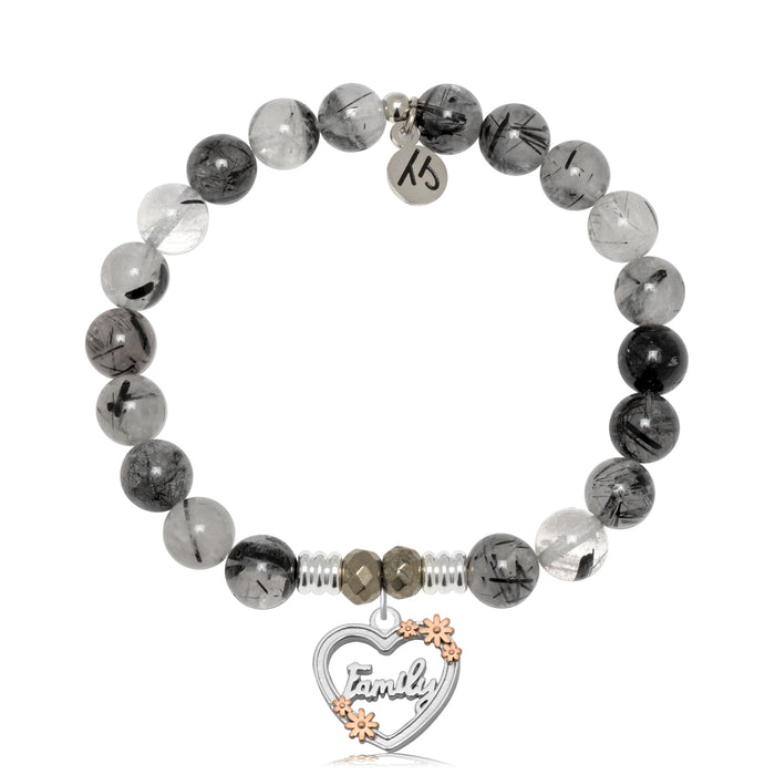Rutilated Quartz Gemstone Bracelet with Heart Family Sterling Silver Charm