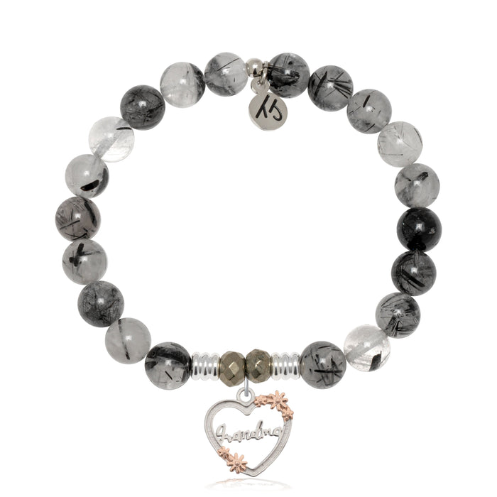 Rutilated Quartz Gemstone Bracelet with Heart Grandma Sterling Silver Charm