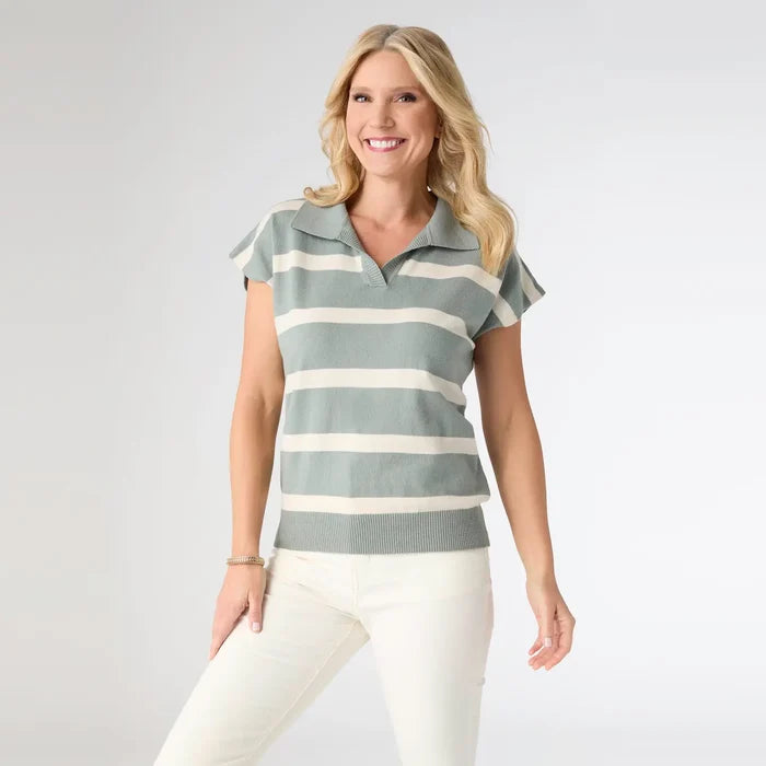 Sage Lightweight Heavenly-Luxe Short Sleeve Striped V-Neck