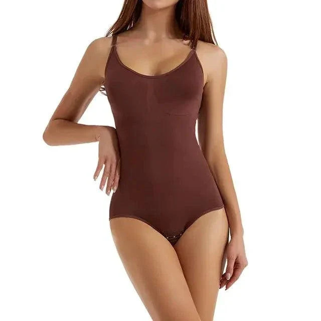Mandotos seamless contour bodysuit for women, smooth fit, figure-enhancing, in black with adjustable straps.