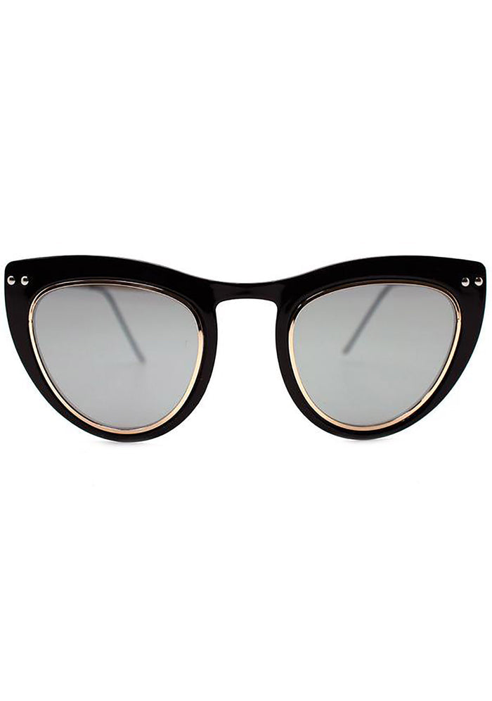 Spitfire Outward Urge Sunglasses in black silver with cat-eye polycarbonate frame and silver mirrored flat lens on festival rave sunglasses — front model view