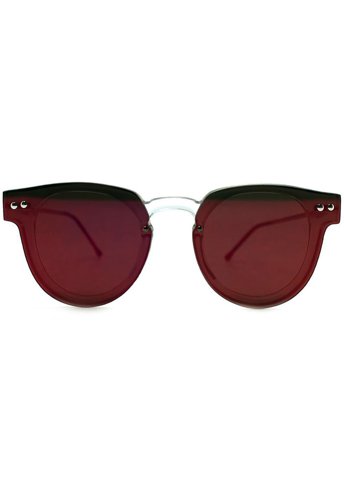Spitfire Sharper Edge 2 Sunglasses in clear red with round polycarbonate frame and red mirrored flat lens overlay on festival rave sunglasses — front model view