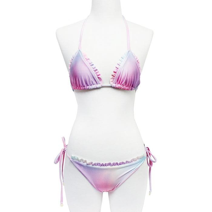 Wildfox Swim Fairy Hologram Ruffle String Bikini Bottom in pastel rainbow with ruffle detail on hologram print polyester spandex festival swimwear — front view