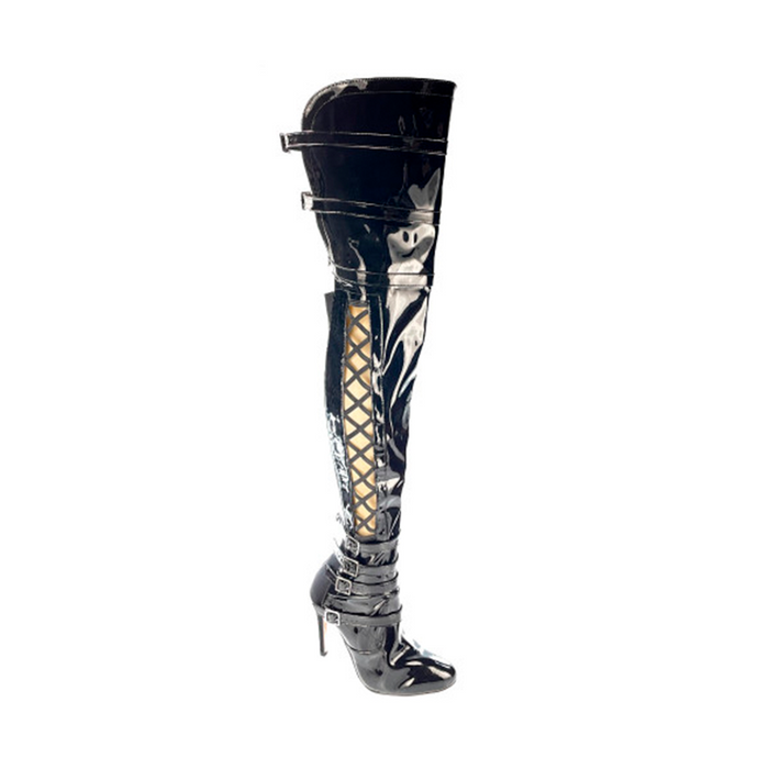 Black Patent leather thigh high boots with closed toe
