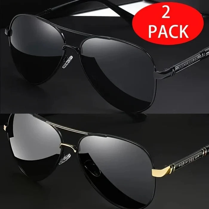 Two pairs of MANDOTOS INTERNATIONAL red sunglasses with stylish metal frames and TAC lenses, showcasing elegant design.