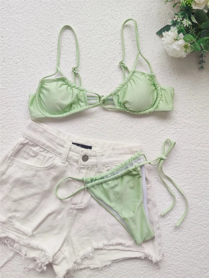 Mandotos International unique thong bikini with lace-up design, two-piece swimwear for women, perfect for beach and swimming.