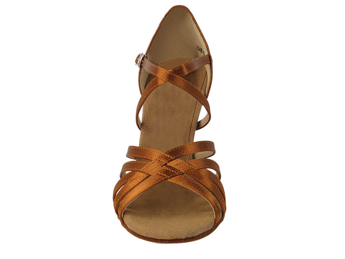 S9216 Copper Tan Satin with 3" Flare Heel in the photo