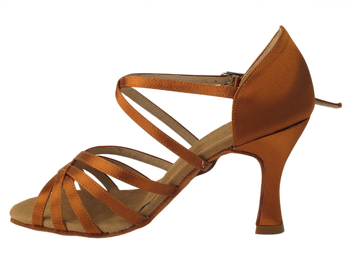 S9216 Copper Tan Satin with 3" Flare Heel in the photo