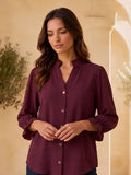 Wine Ruffle 3/4 Sleeve Button Down Front Blouse