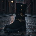 Women's Punk Moto Boots – Dual Buckle Strap Studded Platform Block Heel